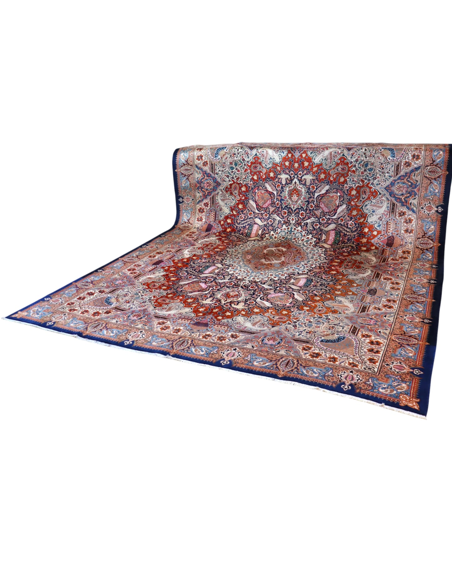 tappeto persiano Kashmar annodato a mano 393x306 cm rosso e azzurro con medaglione centrale e motivi floreali