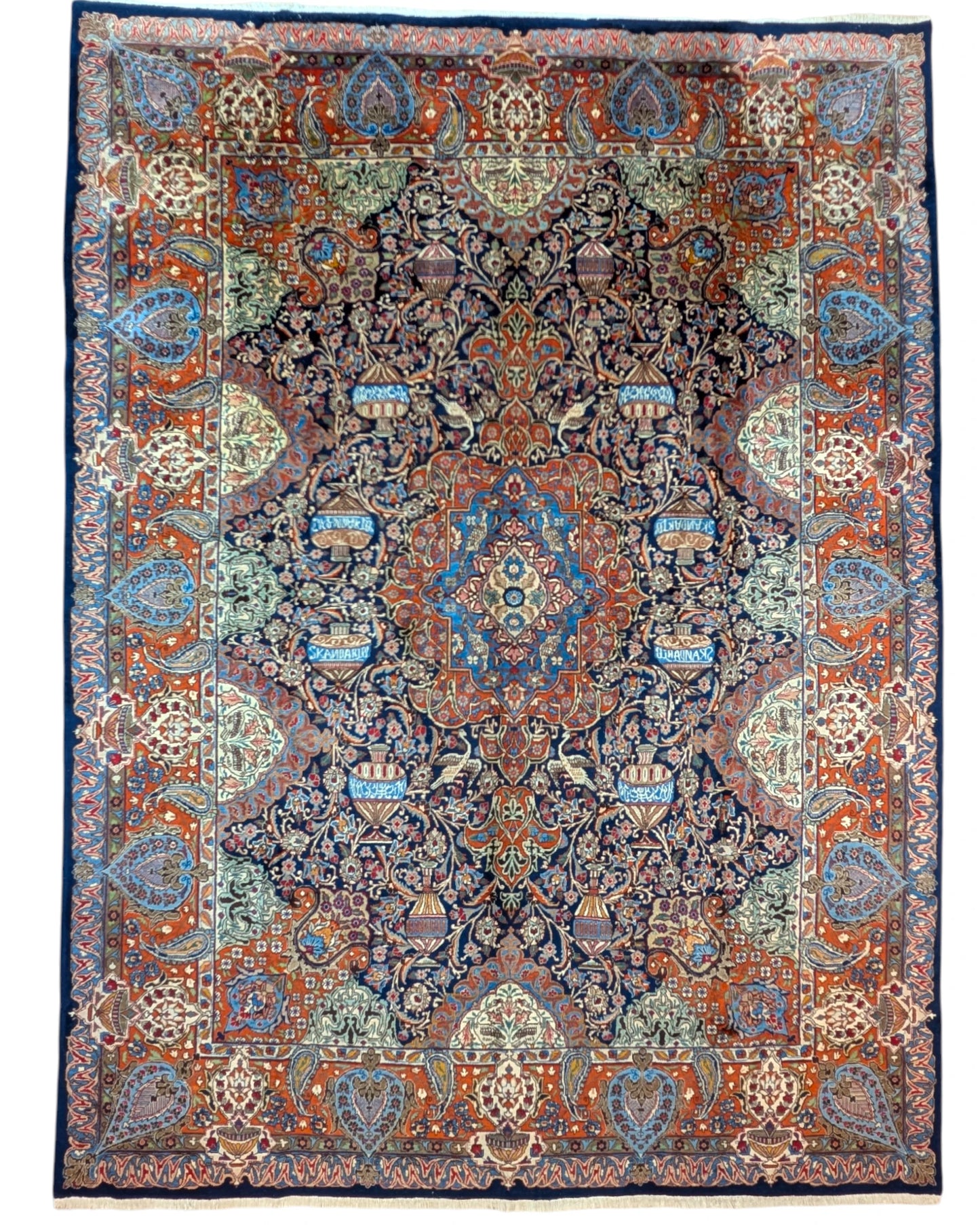 tappeto persiano Kashmar annodato a mano 395x296 cm blu e rosso con medaglione centrale e motivi floreali a boteh