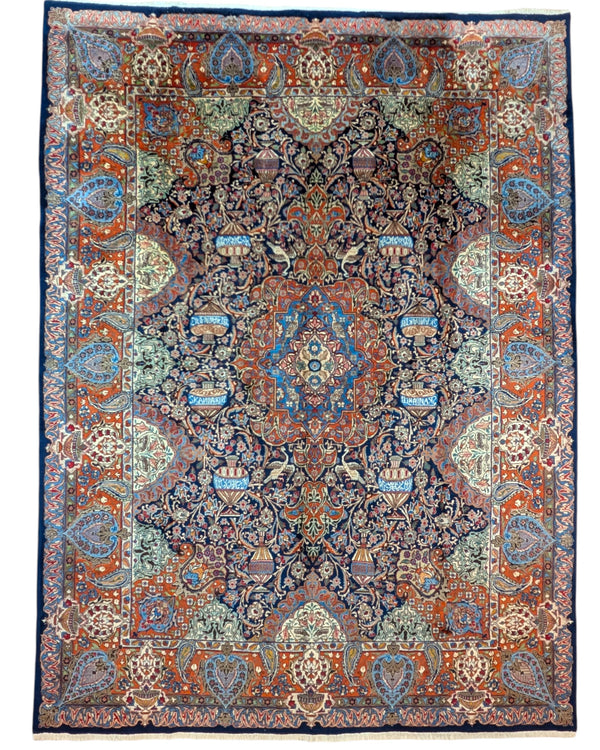 tappeto persiano Kashmar annodato a mano 395x296 cm blu e rosso con medaglione centrale e motivi floreali a boteh