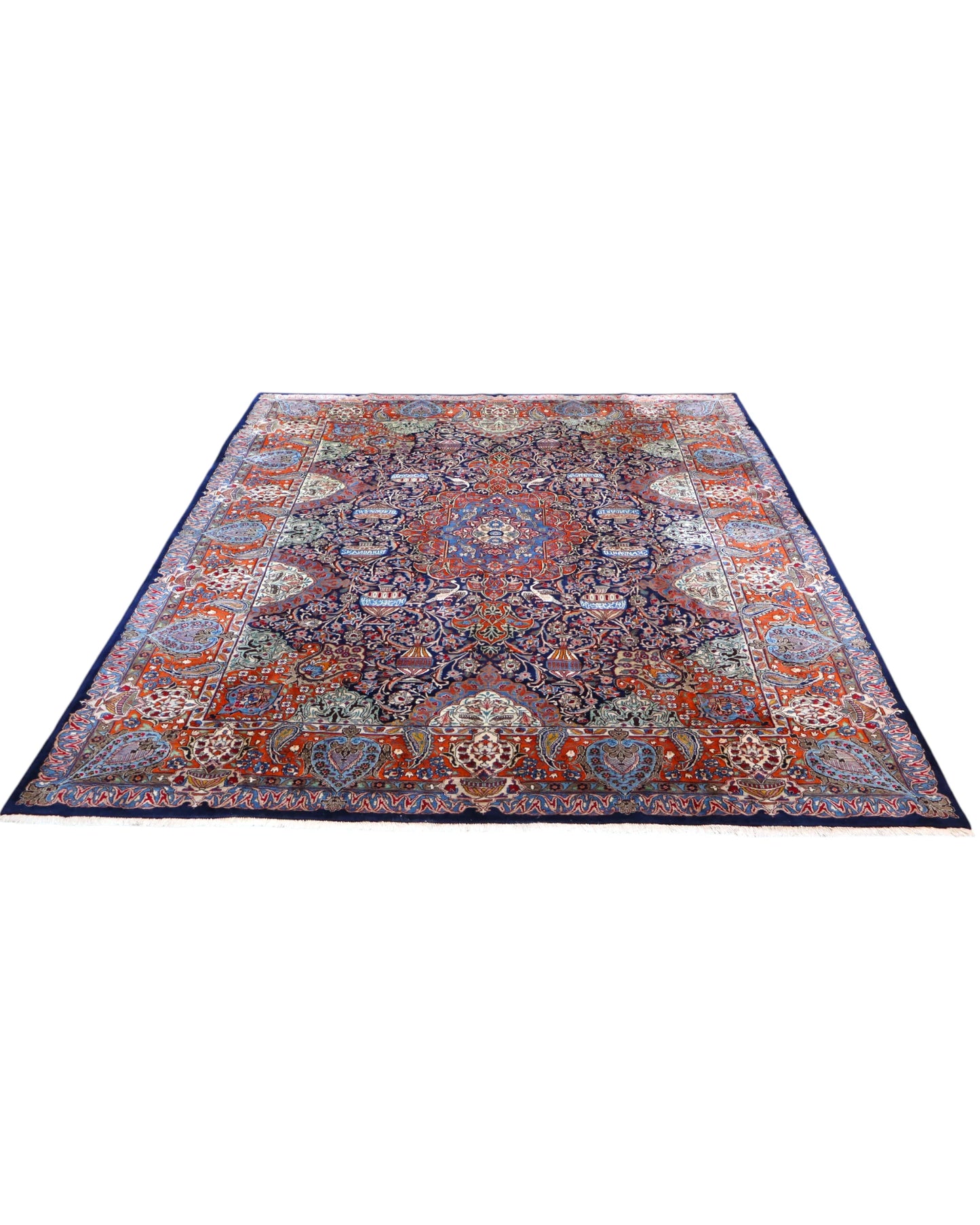 tappeto persiano Kashmar annodato a mano 395x296 cm blu e rosso con medaglione centrale e motivi floreali a boteh