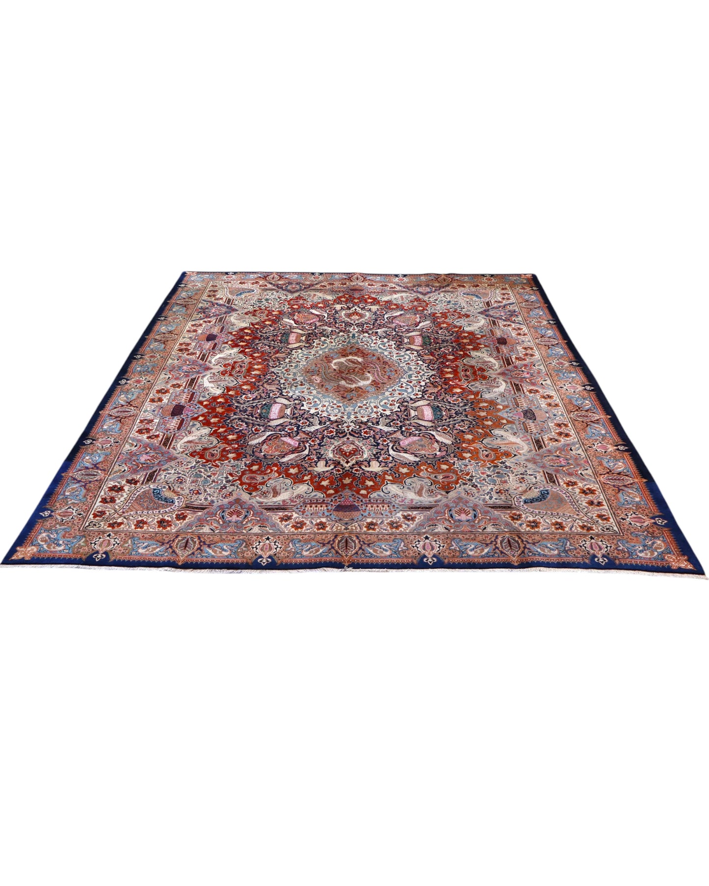 tappeto persiano Kashmar annodato a mano 393x306 cm rosso e azzurro con medaglione centrale e motivi floreali