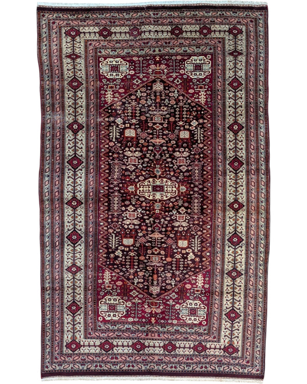 Tappeto Kashmir Antico 202x126 cm annodato a mano con medaglione a losanga e motivi geometrici.