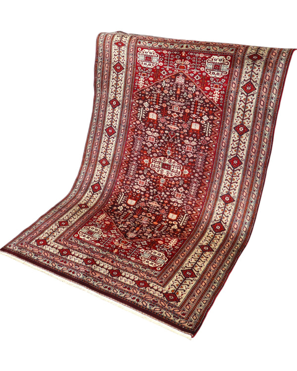 Tappeto Orientale Kashmir Antico 202x126 cm fatto a mano nei toni bordeaux, avorio e blu.