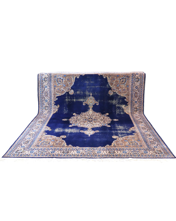 tappeto persiano Kerman annodato a mano 348x254 cm blu zaffiro con medaglione centrale e dettagli floreali