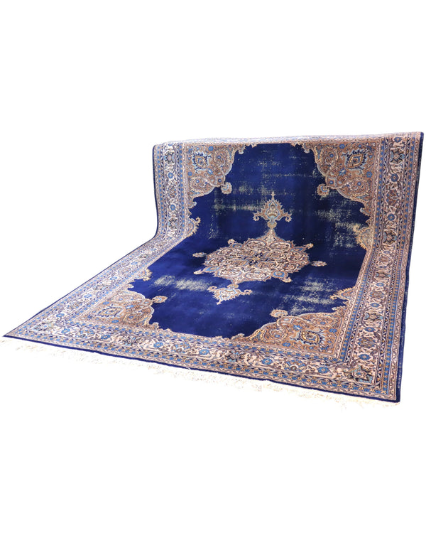 tappeto persiano Kerman annodato a mano 348x254 cm blu zaffiro con medaglione centrale e dettagli floreali