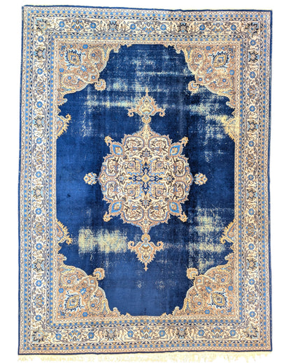 tappeto persiano Kerman annodato a mano 348x254 cm blu zaffiro con medaglione centrale e dettagli floreali