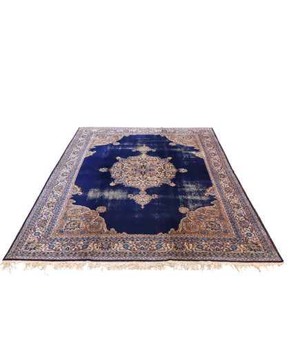 tappeto persiano Kerman annodato a mano 348x254 cm blu zaffiro con medaglione centrale e dettagli floreali