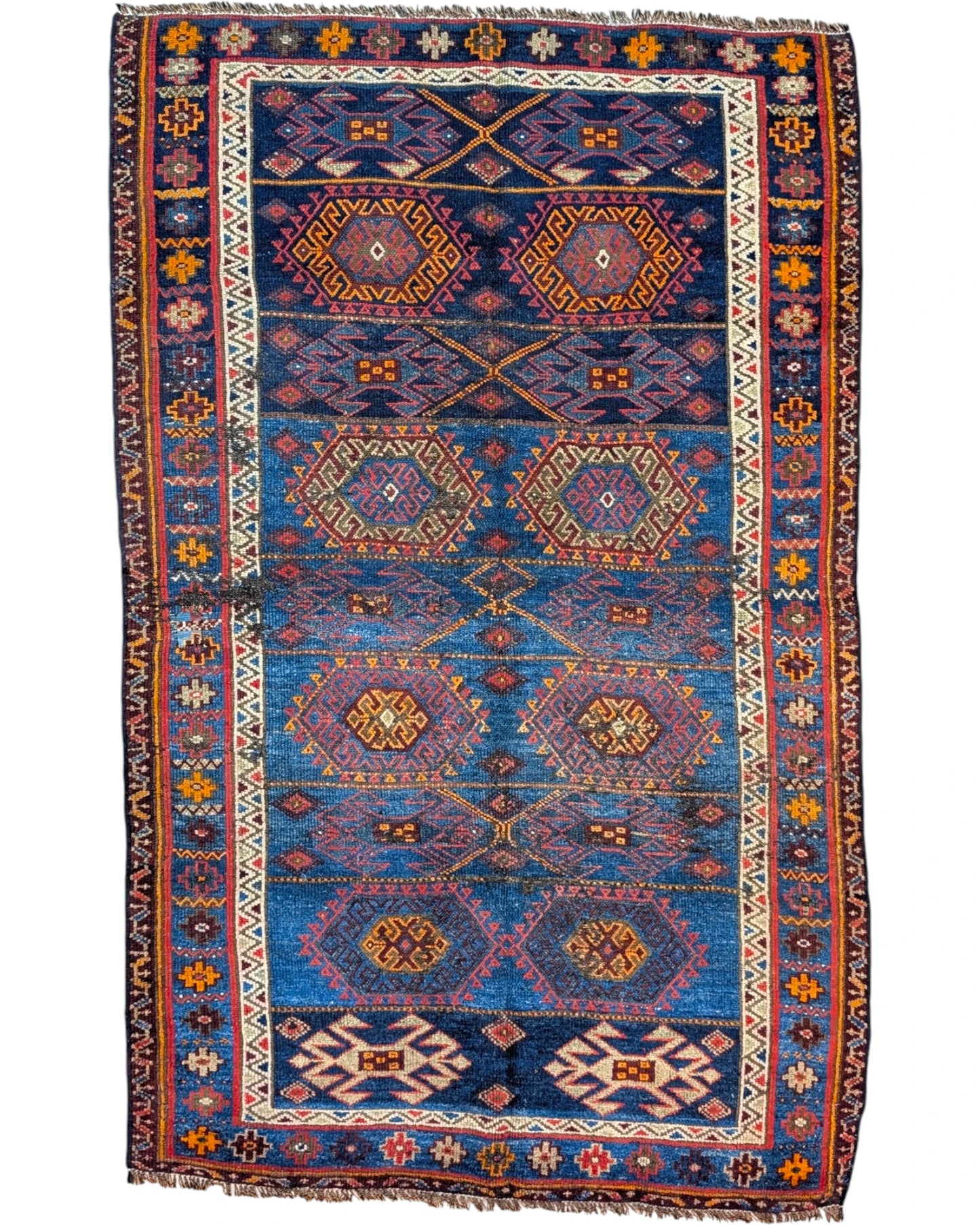 Tappeto Lerial Antico 225x142 cm annodato a mano con motivi geometrici tribali e medaglioni ottagonali.