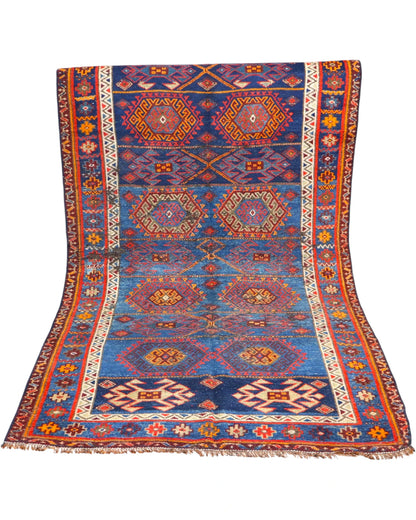 Tappeto Lerial Antico 225x142 cm in lana con design orientale dai colori blu, rosso e avorio.
