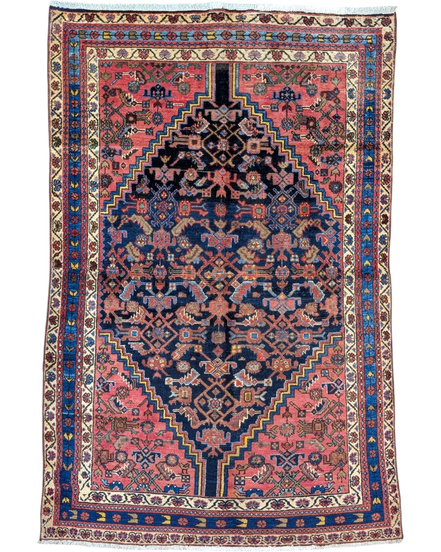 Tappeto Malayer Antico 197x129 cm annodato a mano con grande medaglione centrale e motivi persiani tradizionali.