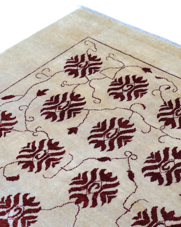 Tappeto Moderno persiano 273x167 cm con fondo avorio e motivi floreali rossi stilizzati, tramato ed annodato a mano.