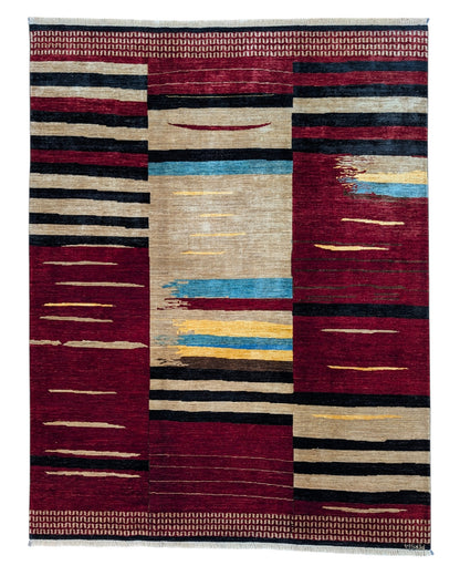 Tappeto moderno "Darios Fuoco Stilizzato" 235x183 cm con design ispirato al fuoco in tonalità rosso, marrone, nero, beige, giallo e blu. Annodato a mano in lana e cotone,