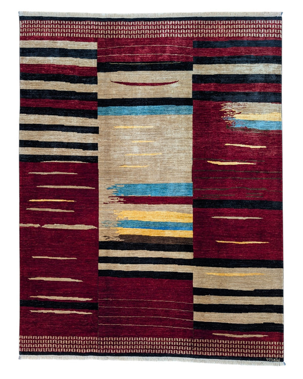 Tappeto moderno "Darios Fuoco Stilizzato" 235x183 cm con design ispirato al fuoco in tonalità rosso, marrone, nero, beige, giallo e blu. Annodato a mano in lana e cotone,