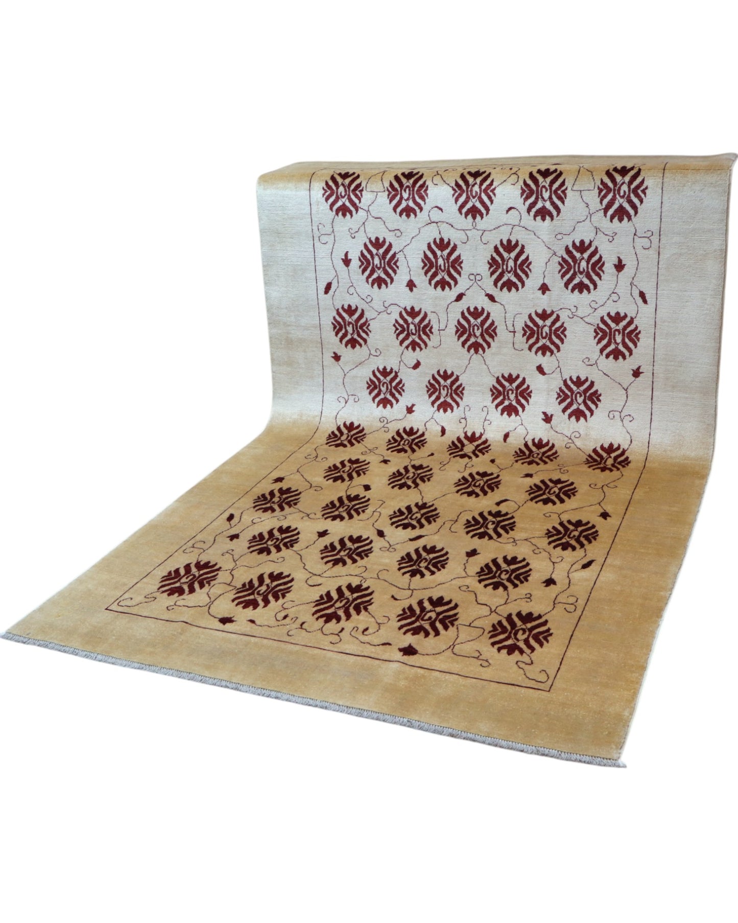 Tappeto Moderno persiano 273x167 cm con fondo avorio e motivi floreali rossi stilizzati, tramato ed annodato a mano.