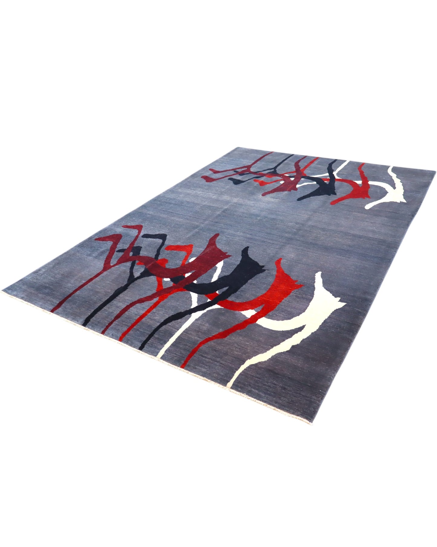 Tappeto Moderno persiano 293x200 cm con fondo grigio e motivi astratti in rosso, nero e avorio, tramato ed annodato a mano.