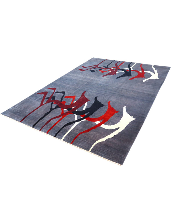 Tappeto Moderno persiano 293x200 cm con fondo grigio e motivi astratti in rosso, nero e avorio, tramato ed annodato a mano.