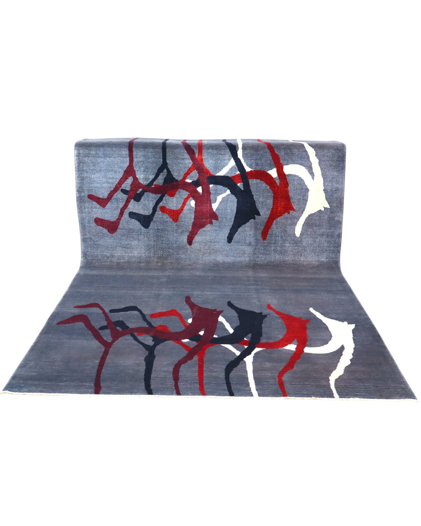 Tappeto Moderno persiano 293x200 cm con fondo grigio e motivi astratti in rosso, nero e avorio, tramato ed annodato a mano.