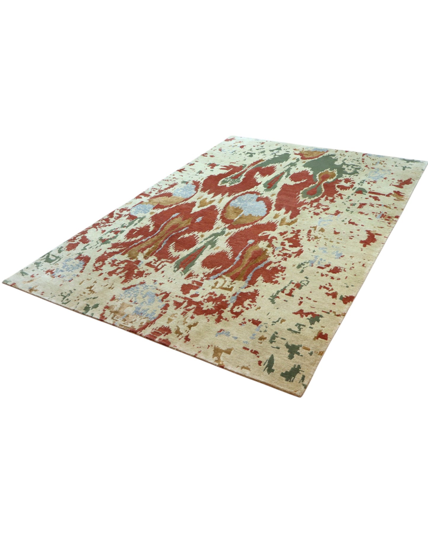 Tappeto Moderno persiano 270x184 cm con fondo verde chiaro e motivi ikat in rosso, blu e verde scuro, tramato ed annodato a mano.