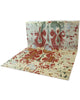 Tappeto Moderno persiano 270x184 cm con fondo verde chiaro e motivi ikat in rosso, blu e verde scuro, tramato ed annodato a mano.