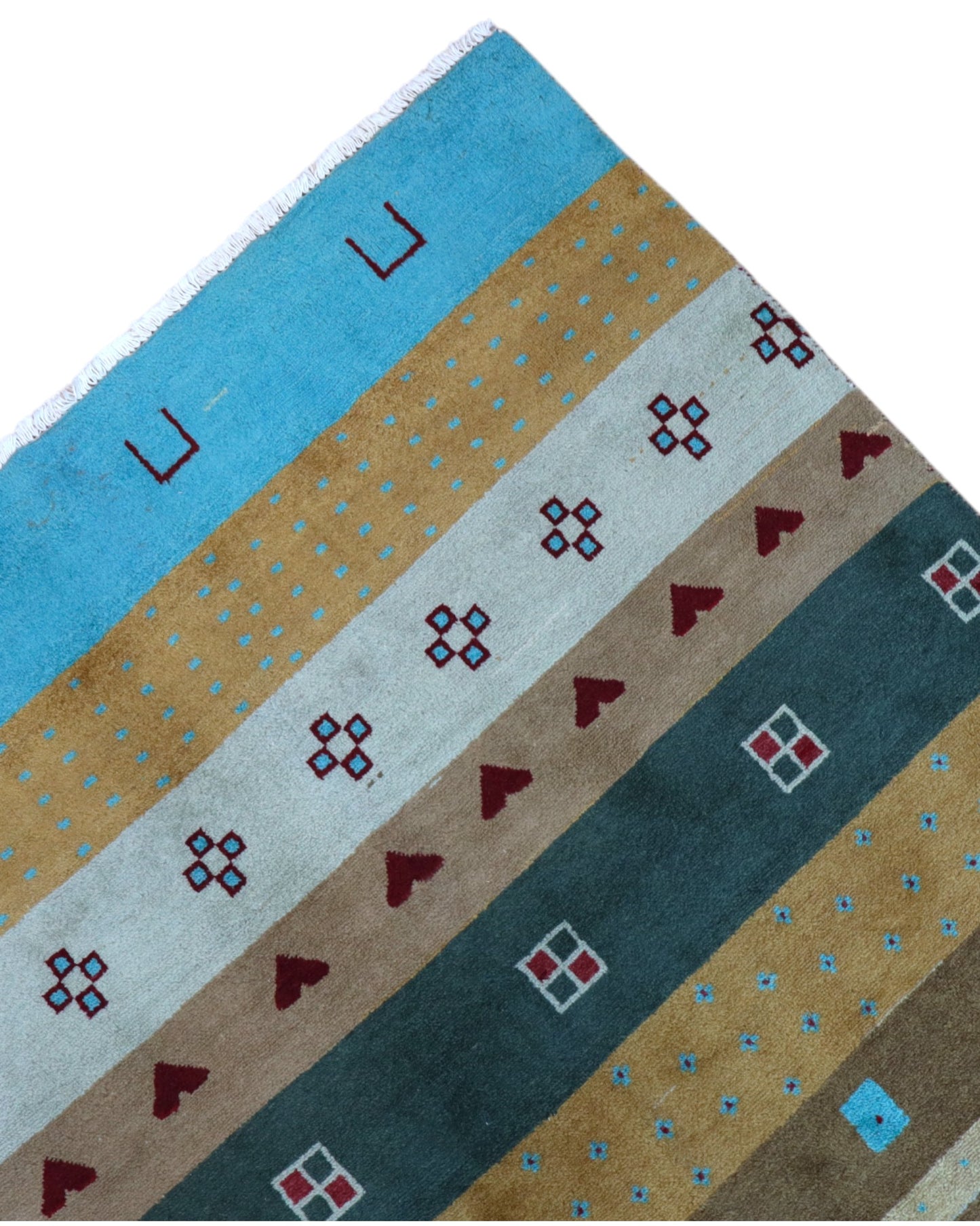 Tappeto Moderno persiano 276x185 cm con fasce multicolori in azzurro, beige, rosso e marrone, tramato ed annodato a mano.