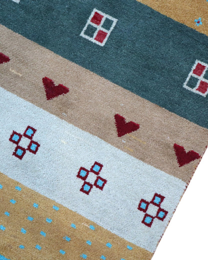 Tappeto Moderno persiano 276x185 cm con fasce multicolori in azzurro, beige, rosso e marrone, tramato ed annodato a mano.