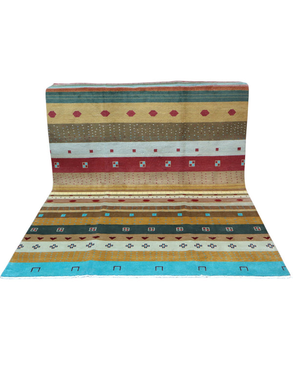 Tappeto Moderno persiano 276x185 cm con fasce multicolori in azzurro, beige, rosso e marrone, tramato ed annodato a mano.