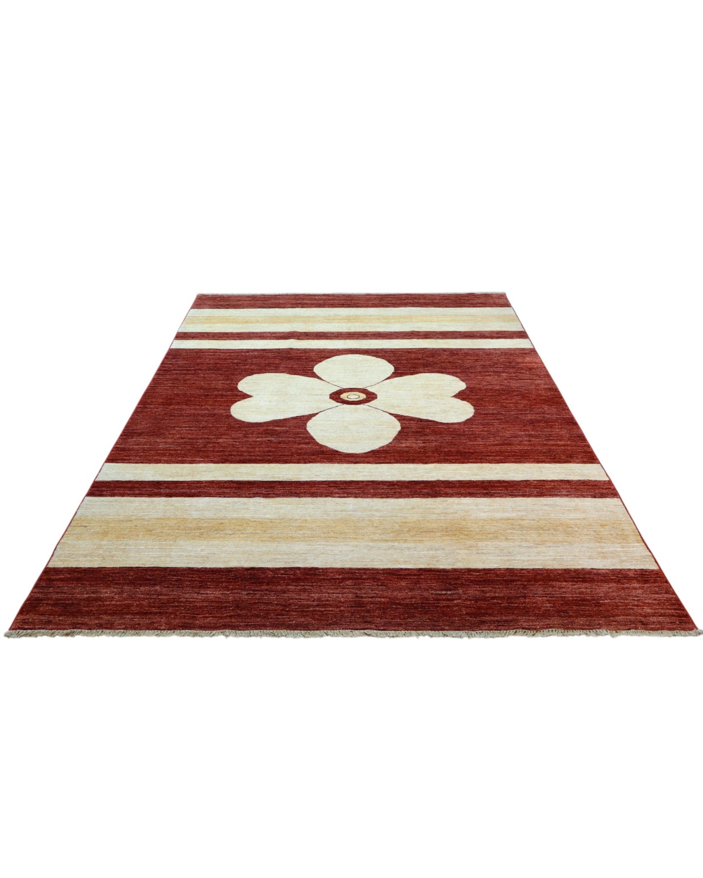 Tappeto Moderno persiano 300x200 cm con fondo bordeaux, fasce beige e fiore centrale avorio, tramato ed annodato a mano.