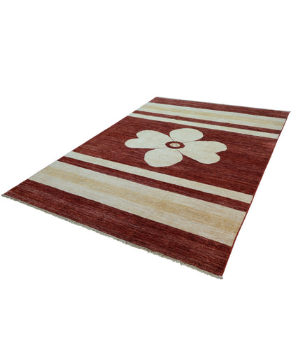 Tappeto Moderno persiano 300x200 cm con fondo bordeaux, fasce beige e fiore centrale avorio, tramato ed annodato a mano.