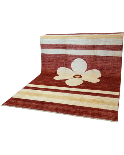 Tappeto Moderno persiano 300x200 cm con fondo bordeaux, fasce beige e fiore centrale avorio, tramato ed annodato a mano.