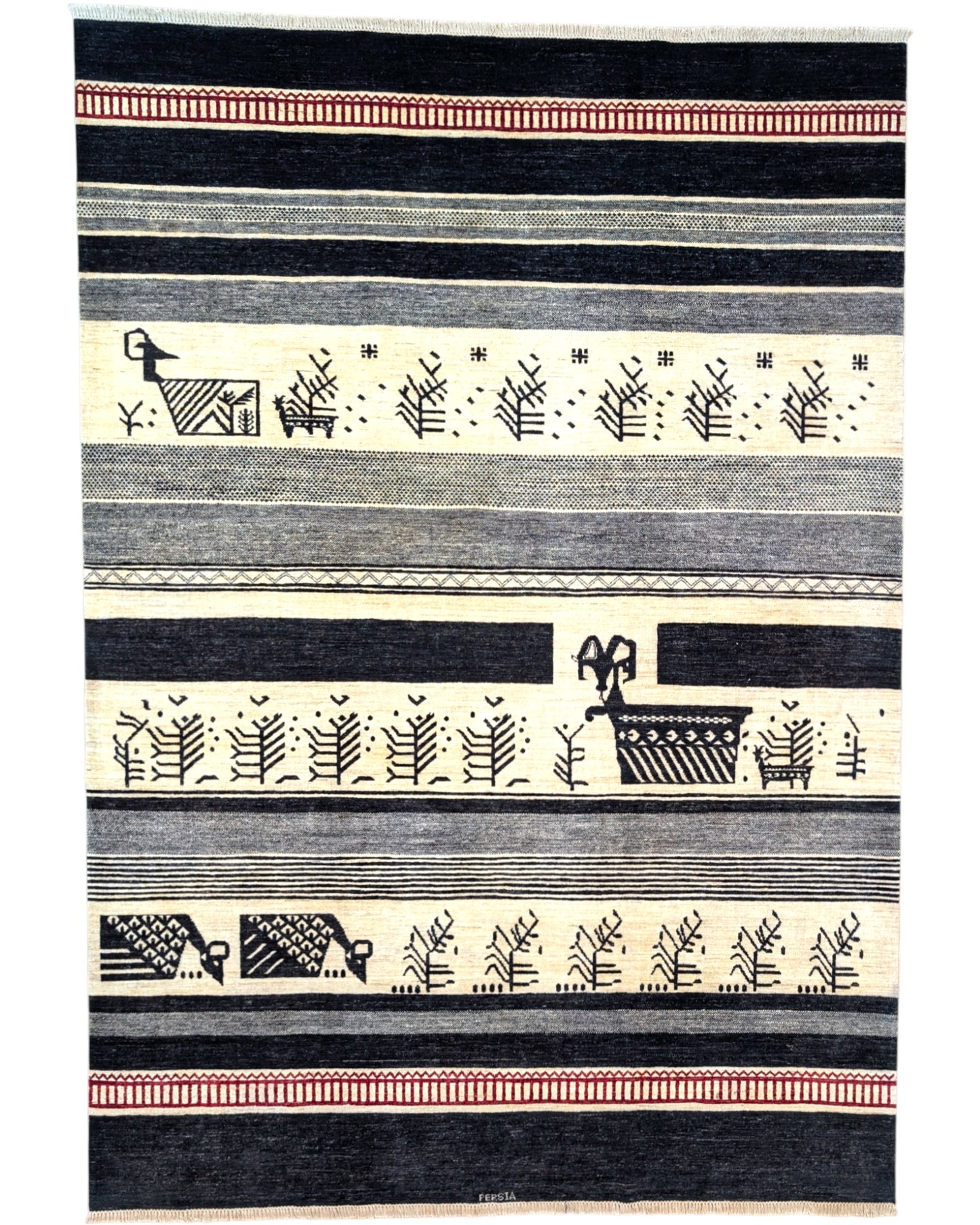 Tappeto Moderno 291x205 cm con fasce in nero, grigio e avorio e motivi stilizzati pastorali, tramato ed annodato a mano, provenienza Afghanistan.
