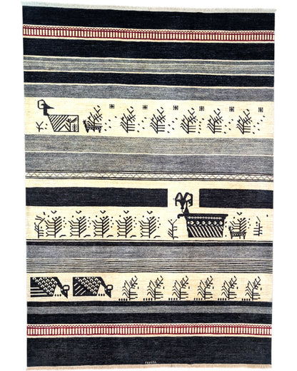Tappeto Moderno 291x205 cm con fasce in nero, grigio e avorio e motivi stilizzati pastorali, tramato ed annodato a mano, provenienza Afghanistan.