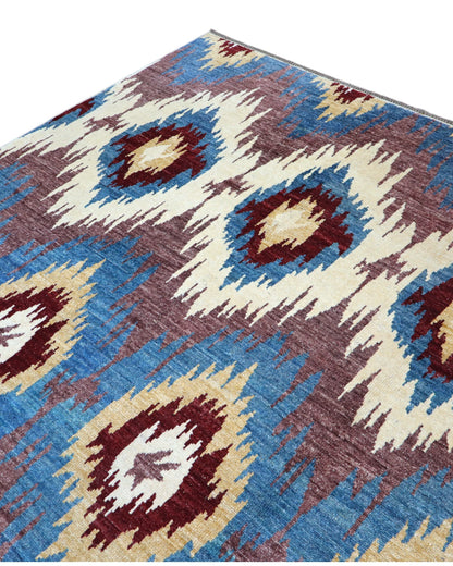 Tappeto Moderno Afghan 367x270 cm annodato a mano, rettangolare, in lana e cotone con colori vegetali, design geometrico su fondo multicolore.