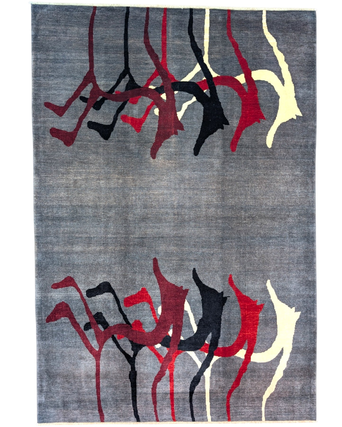 Tappeto Moderno persiano 293x200 cm con fondo grigio e motivi astratti in rosso, nero e avorio, tramato ed annodato a mano.