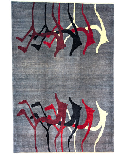 Tappeto Moderno persiano 293x200 cm con fondo grigio e motivi astratti in rosso, nero e avorio, tramato ed annodato a mano.