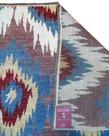 Tappeto Moderno Afghan 367x270 cm annodato a mano, rettangolare, in lana e cotone con colori vegetali, design geometrico su fondo multicolore.