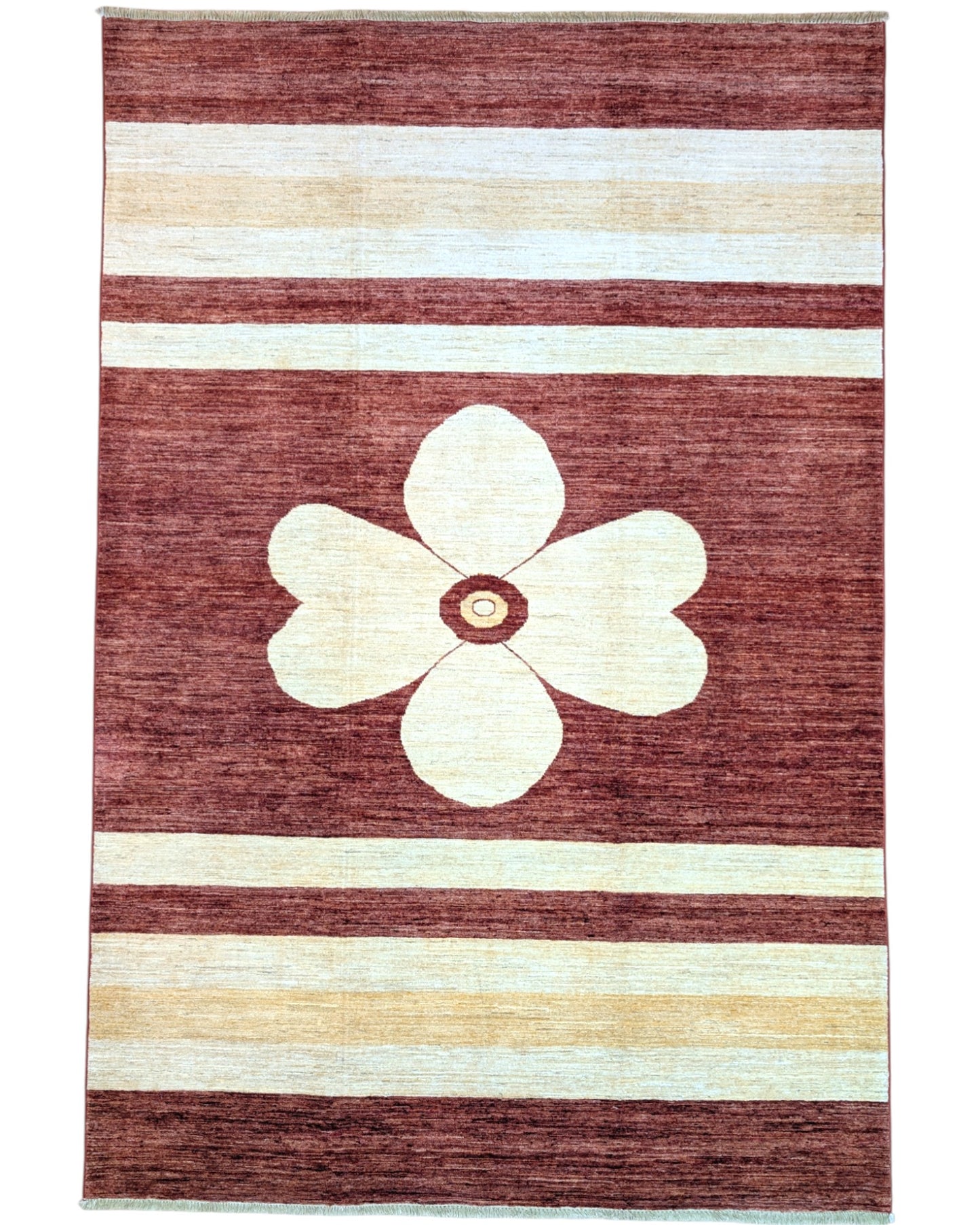Tappeto Moderno persiano 300x200 cm con fondo bordeaux, fasce beige e fiore centrale avorio, tramato ed annodato a mano.