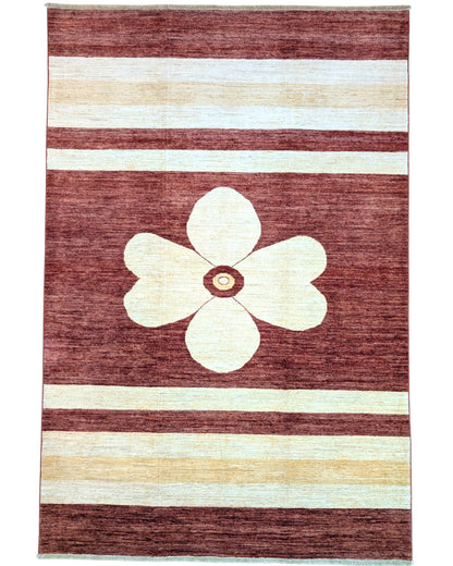 Tappeto Moderno persiano 300x200 cm con fondo bordeaux, fasce beige e fiore centrale avorio, tramato ed annodato a mano.