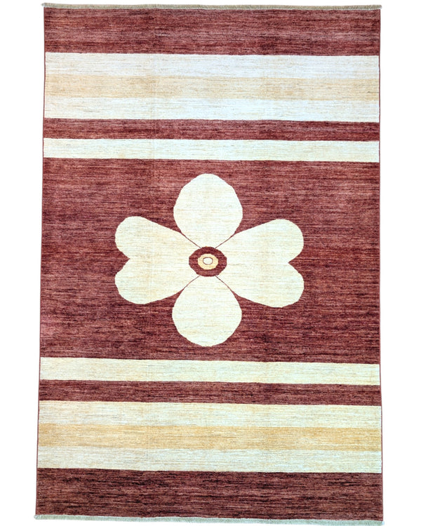 Tappeto Moderno persiano 300x200 cm con fondo bordeaux, fasce beige e fiore centrale avorio, tramato ed annodato a mano.