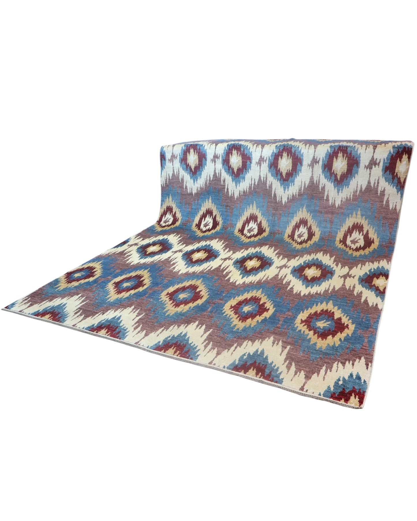 Tappeto Moderno Afghan 367x270 cm annodato a mano, rettangolare, in lana e cotone con colori vegetali, design geometrico su fondo multicolore.