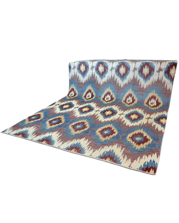 Tappeto Moderno Afghan 367x270 cm annodato a mano, rettangolare, in lana e cotone con colori vegetali, design geometrico su fondo multicolore.