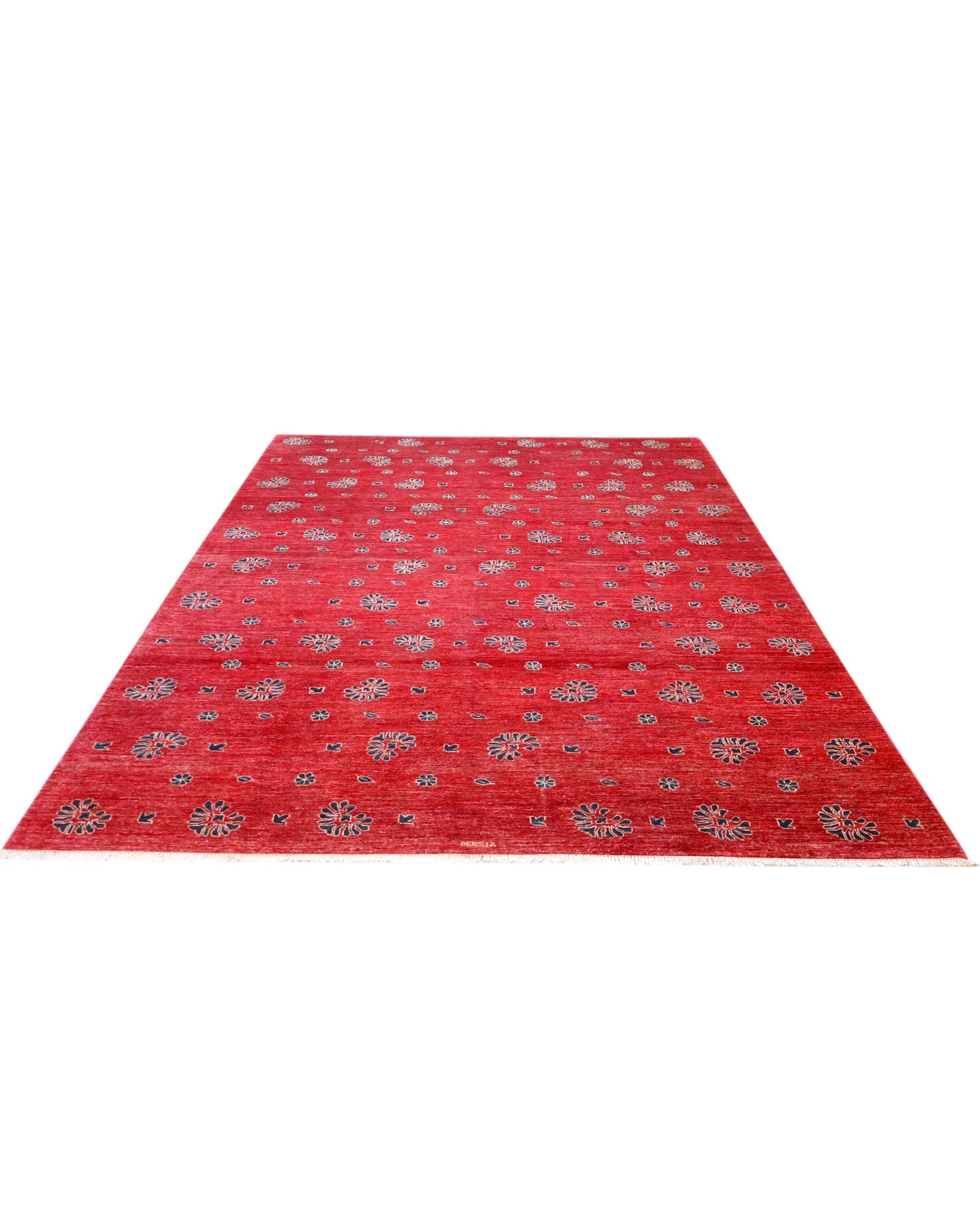 Tappeto Moderno 349x248 cm annodato a mano, rettangolare, fondo rosso con motivi decorativi stilizzati, realizzato in cotone e lana con colori vegetali.