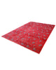 Tappeto Moderno 349x248 cm annodato a mano, rettangolare, fondo rosso con motivi decorativi stilizzati, realizzato in cotone e lana con colori vegetali.