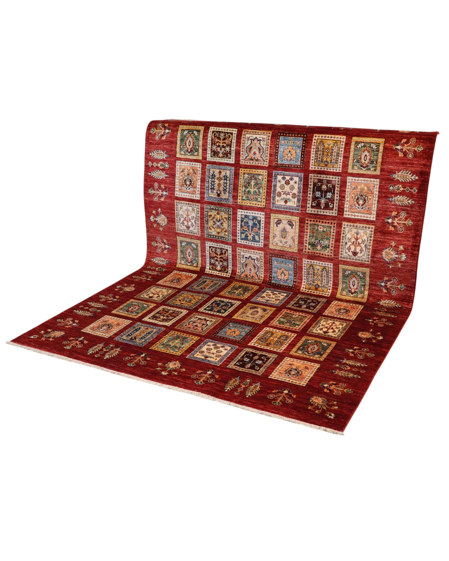 Tappeto Farahan “Fornelli” 241x180 cm, annodato a mano in Afghanistan, motivo a griglia con quadrati multicolore su fondo rosso intenso, lana tinta vegetale, certificato di autenticità.