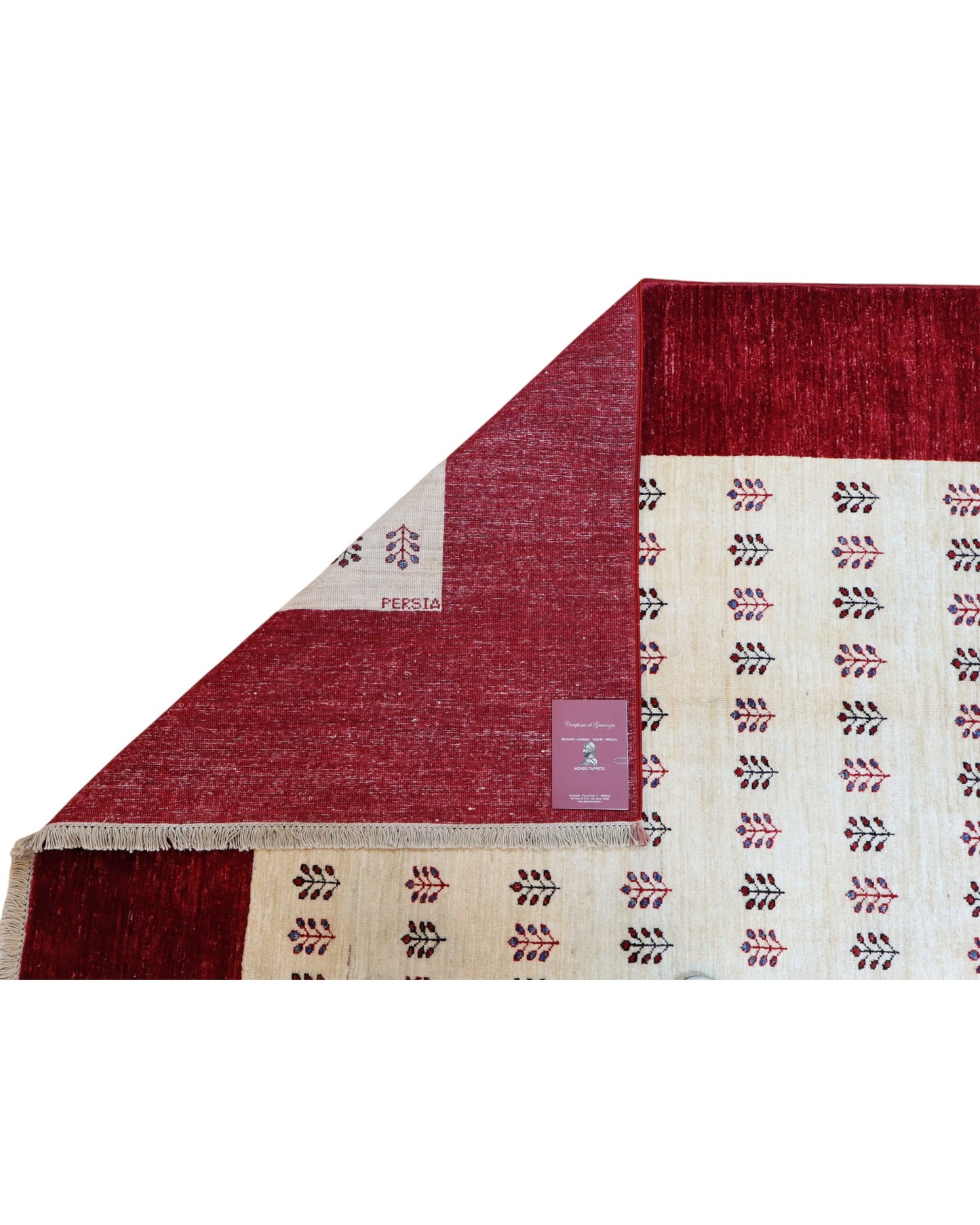 Tappeto moderno 278x197 cm Persia con bordo bordeaux e pannello centrale avorio a motivi geometrici, annodato a mano in lana naturale.