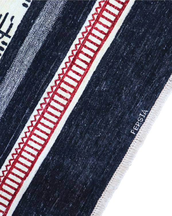 Tappeto Moderno 291x205 cm con fasce in nero, grigio e avorio e motivi stilizzati pastorali, tramato ed annodato a mano, provenienza 