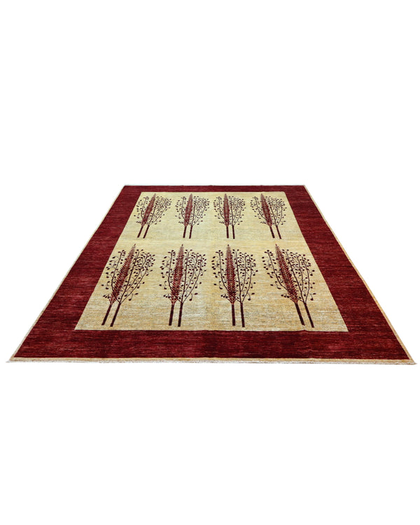 Tappeto Moderno 347x243 cm annodato a mano in lana e cotone con colori vegetali, design elegante beige e bordeaux.