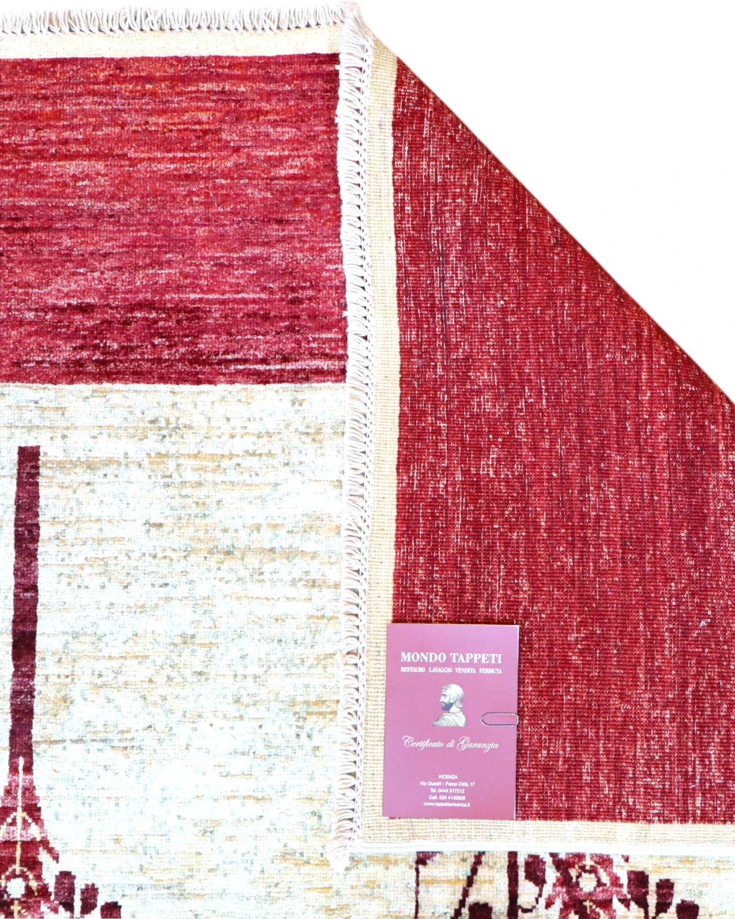 Tappeto Moderno 347x243 cm annodato a mano in lana e cotone con colori vegetali, design elegante beige e bordeaux.
