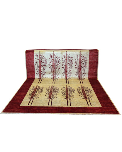 Tappeto Moderno 347x243 cm annodato a mano in lana e cotone con colori vegetali, design elegante beige e bordeaux.