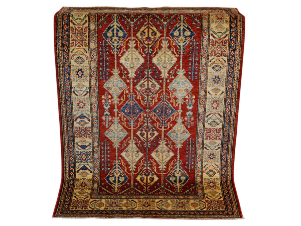 Tappeto Shirvan 154x102 cm, annodato a mano in Persia, fondo rosso con motivi geometrici blu, giallo e beige, lana pregiata e cotone resistente, certificato di autenticità incluso.