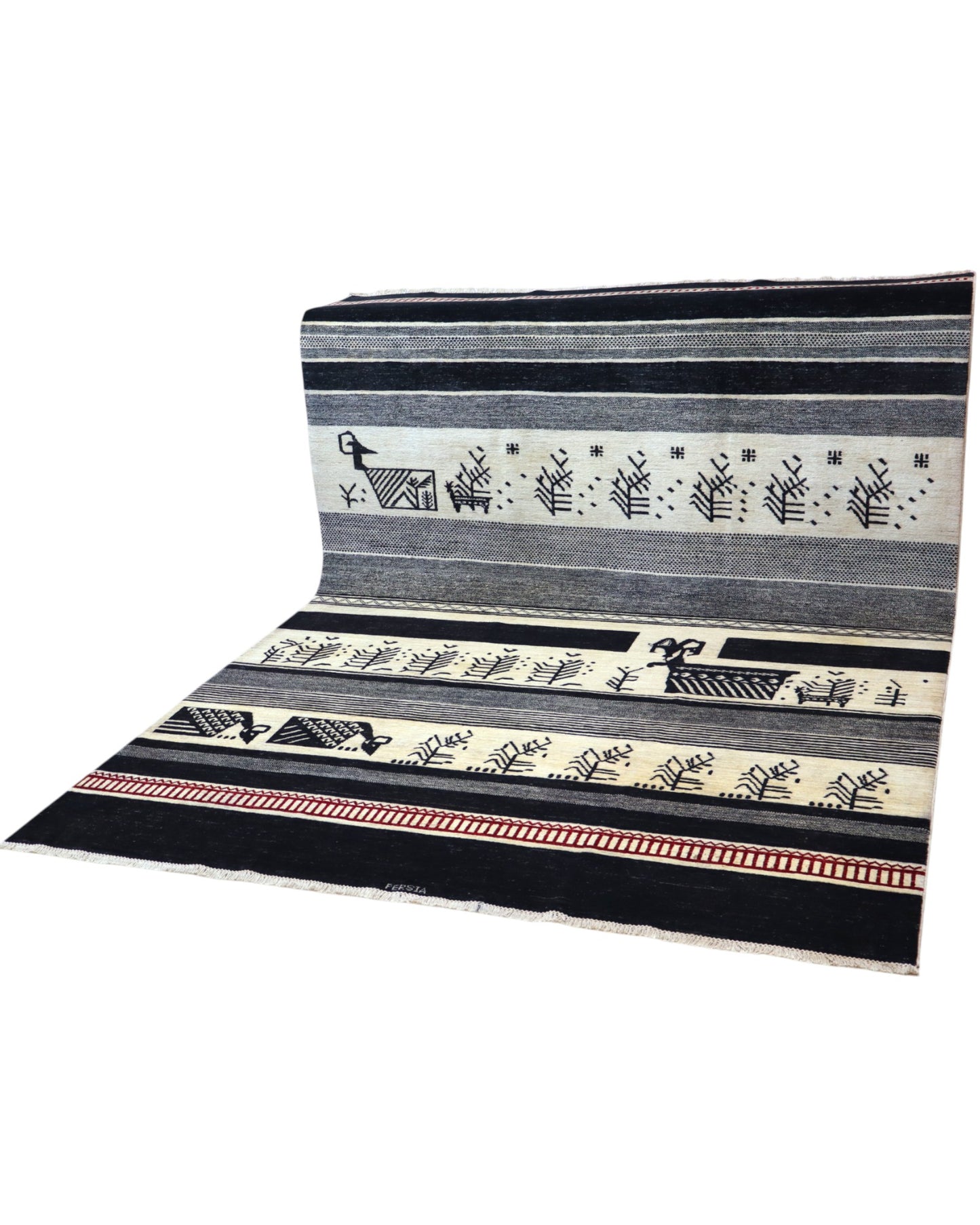 Tappeto Moderno 291x205 cm con fasce in nero, grigio e avorio e motivi stilizzati pastorali, tramato ed annodato a mano, provenienza Afghanistan.